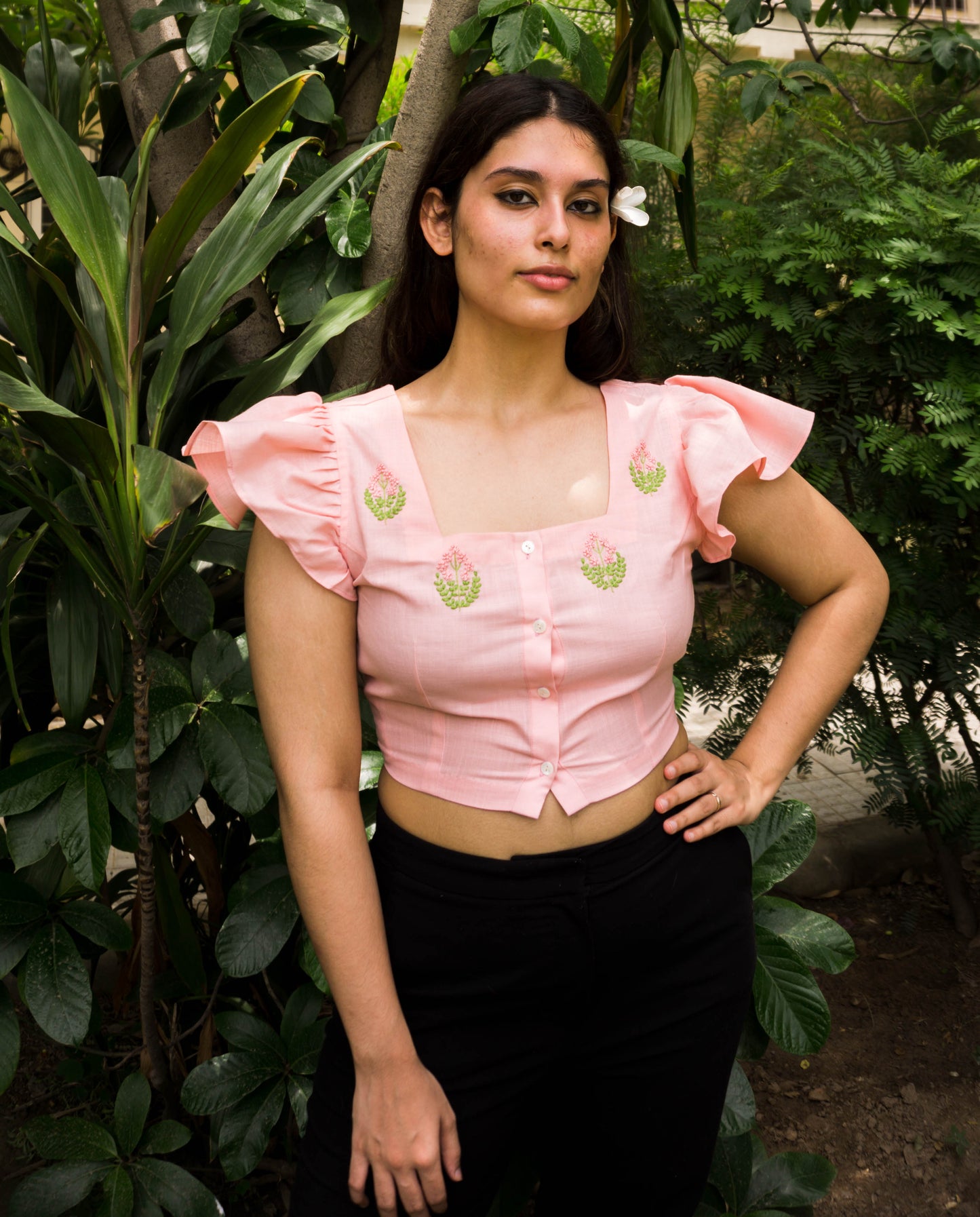 Paneni - Pink Crop Top - Hand Embroidered shirts, women