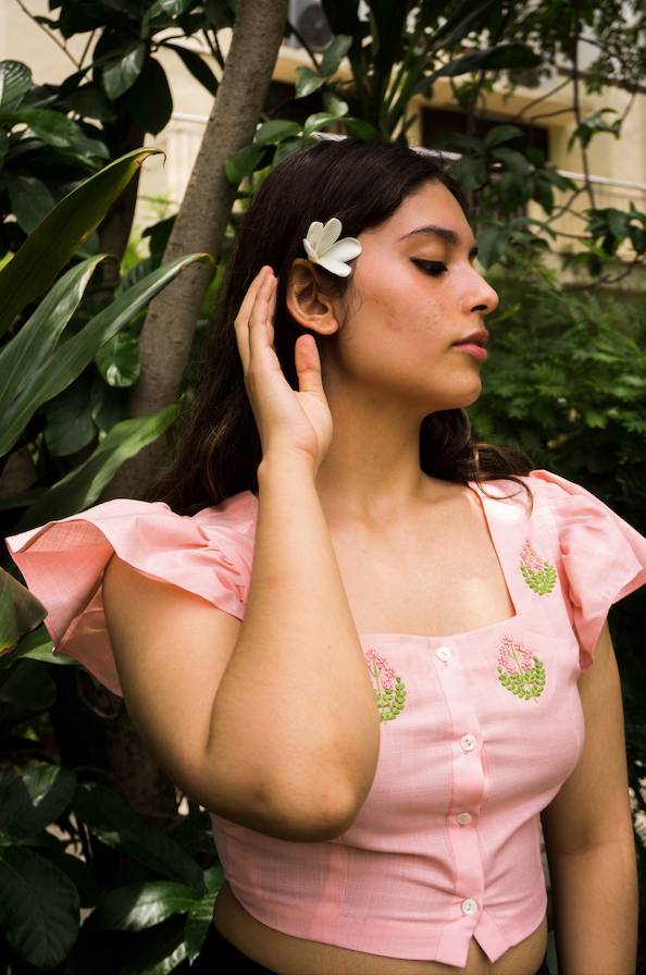 Paneni - Pink Crop Top - Hand Embroidered shirts, women